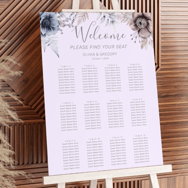 Hochzeitskarte für die PastelSpring-Blume Poster (Elegant Pastel Spring dusky blue, heather lilac, and beige. Watercolor Flower Wedding Seating Chart)