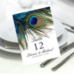 Hochzeitskarte für die türkisfarbene Pfauenfeder Tischnummer<br><div class="desc">Schöne Pfauenfedern in lebhaften Farben der Marine,  Türkis,  Grün und Braun.</div>
