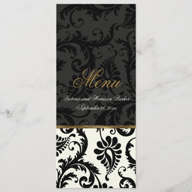 Hochzeitskarte für Elfenbein, Gold, Black Damask Menükarte (Vorderseite)