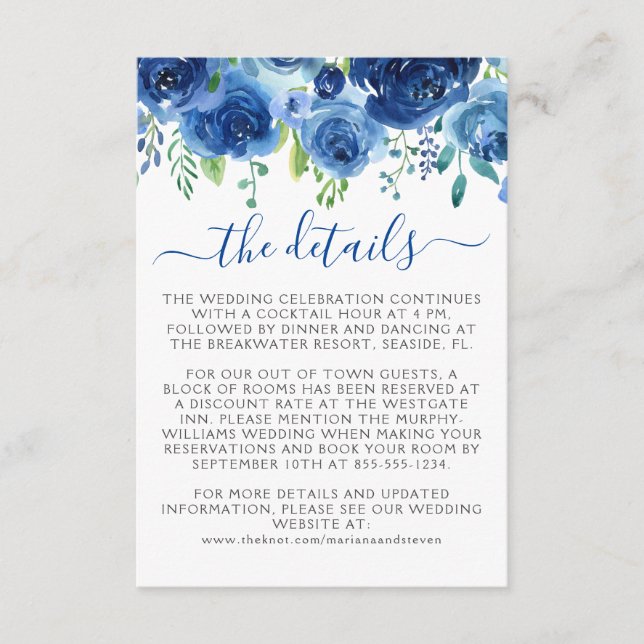 Hochzeitskarte für Navy Blue Floral Begleitkarte (Vorderseite)