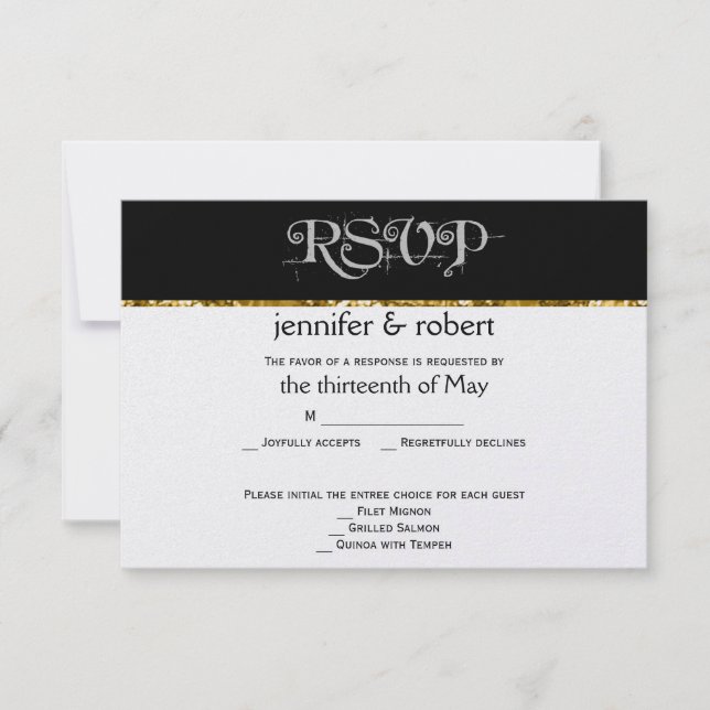 Hochzeitskarte für Schwarz-weißen und Gold Glitzer RSVP Karte (Vorderseite)