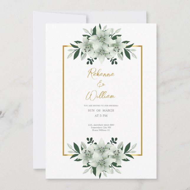 Hochzeitskarte für staubige Weiße im Grünen, Aquar Einladung (Vorderseite)