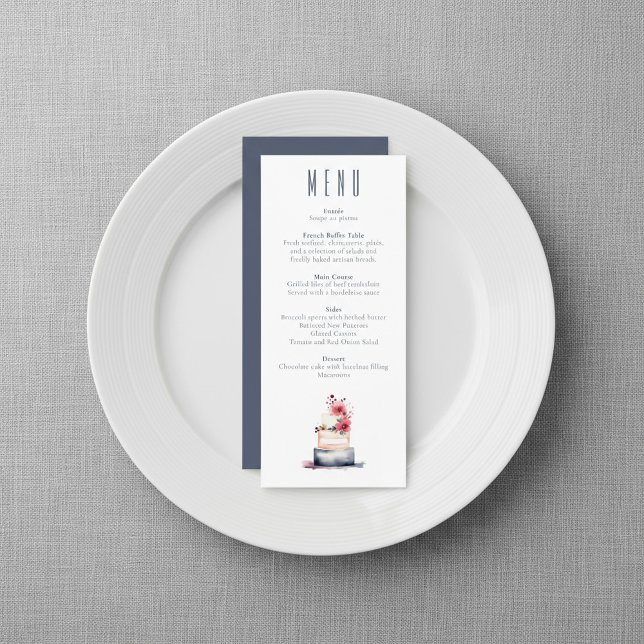 Hochzeitskarte für Wasserfarbenkuchen Menükarte (Navy Watercolor Cake Wedding Menu Card.)