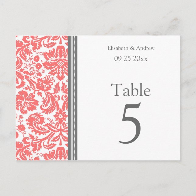 Hochzeitskarte Grau Coral Tischnummer (Vorderseite)