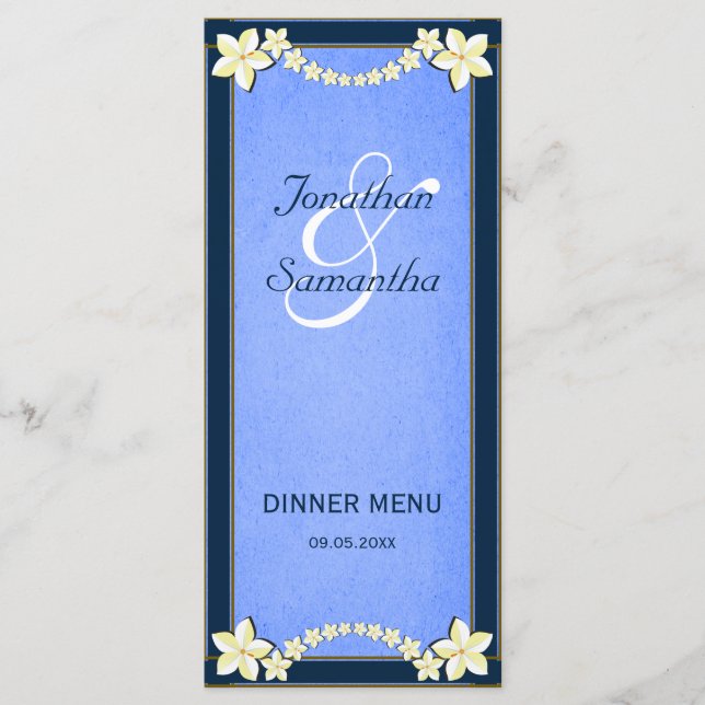 Hochzeitskarte mit blauer Blume Menükarte (Vorderseite)