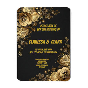 Hochzeitskarte mit goldenen Blumen auf schwarzem H Magnet
