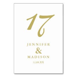 Hochzeitskarte mit weißem und goldenem Drehbuch Tischnummer