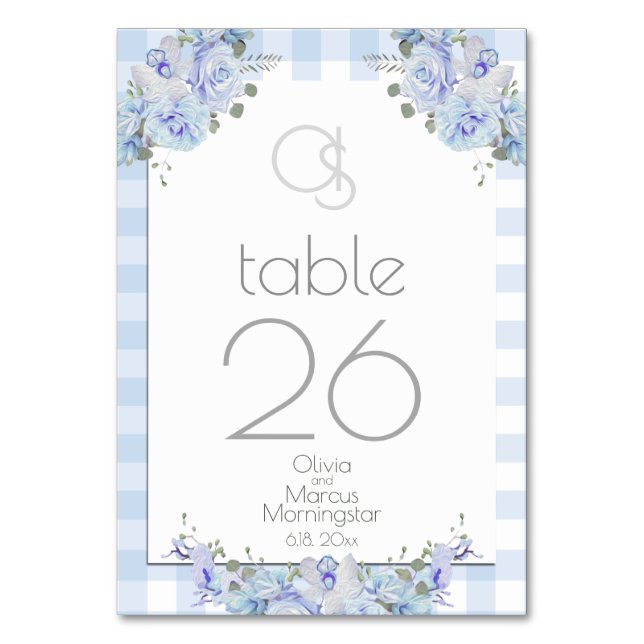 Hochzeitskarte | Monogram Blue Floral BOHO Tischnummer (Vorderseite)