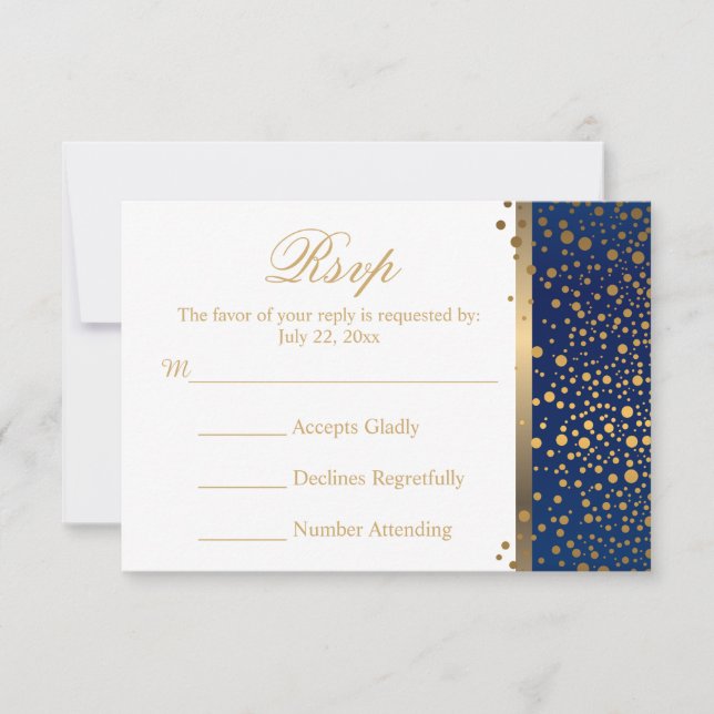 Hochzeitskarte RSVP Navy und White mit Gold Dots (Vorderseite)