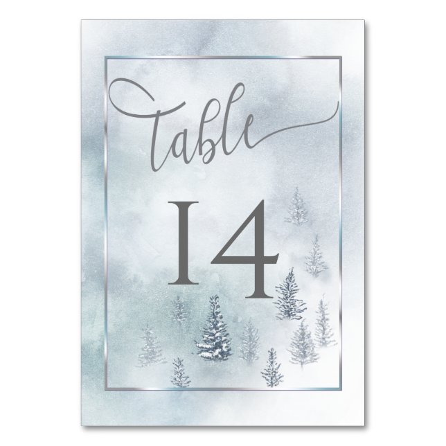 Hochzeitskarte Silver Blue Winter Wonderland Tischnummer (Vorderseite)