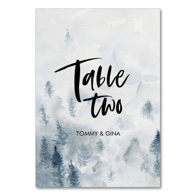 Hochzeitskarten für den Wasserfarbenwald - Tabelle Tischnummer (Vorderseite)