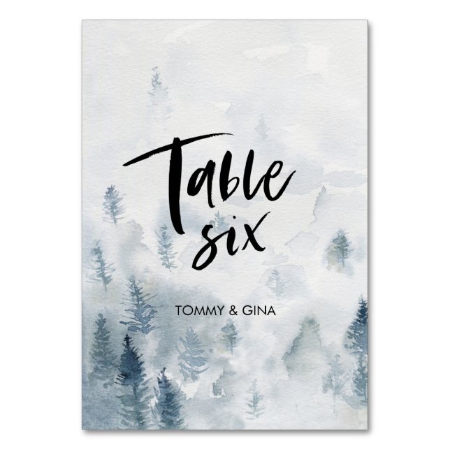 Hochzeitskarten für den Wasserfarbenwald - Tabelle Tischnummer (Vorderseite)