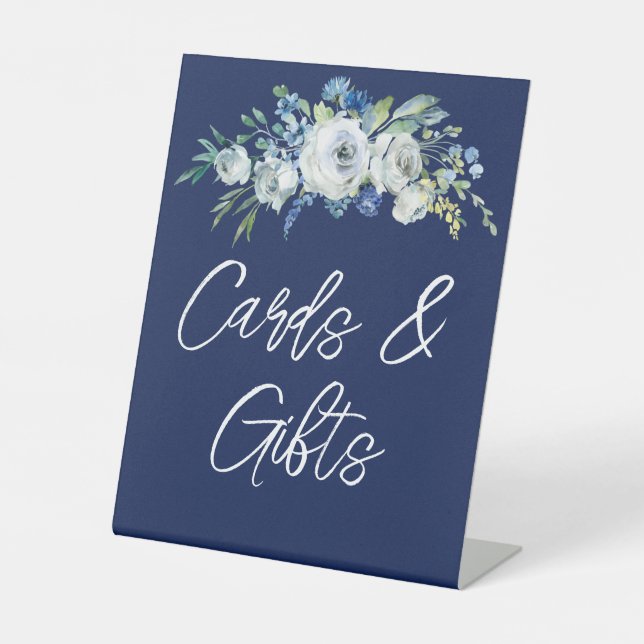 Hochzeitskarten für Navy Blue Floral Sockelschild (Vorderseite)