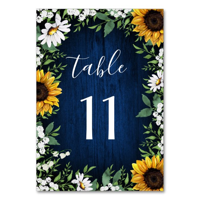 Hochzeitskarten für Navy Blue Sunflower Tischnumme Tischnummer (Vorderseite)
