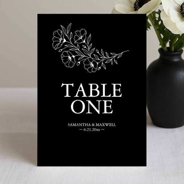 Hochzeitskarten für Schwarz-Weiß-Anemone-Tischnumm Einladung (Black and white wedding table cards modern elegant floral line art by Victoria of Do Tell A Belle)
