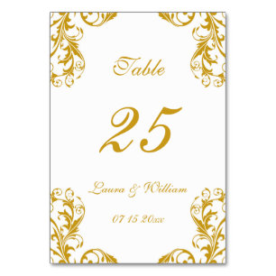 Hochzeitskarten für Tischnummer Gold Damask Desi