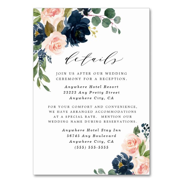 Hochzeitskarten in Navy Blue und Blush Pink Tischnummer (Vorderseite)