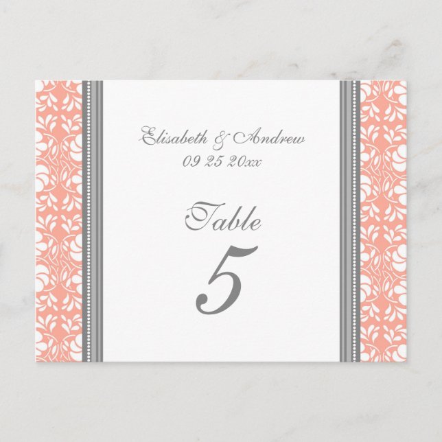 Hochzeitskarten Korallenkoralle Grau Damask Tischn Postkarte (Vorderseite)