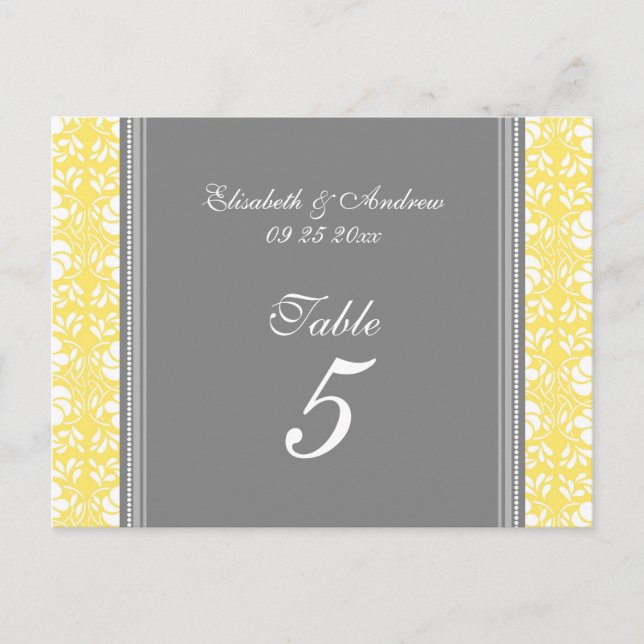 Hochzeitskarten Lemon Gray Damask Tischnummer (Vorderseite)