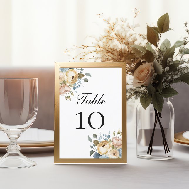 Hochzeitskarten mit blühender Tischnummer aus Blau (Blue Pink and Cream Floral Elegant Watercolor Wedding Table number cards)
