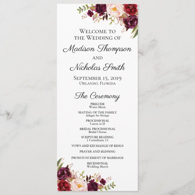 Hochzeitskarten mit Marsala & Pink-Blume Programm (Vorderseite)