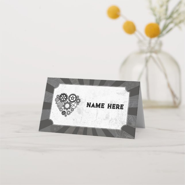 Hochzeitskarten Namen Steampunk Wedding Hearts Cog Platzkarte (Vorderseite)