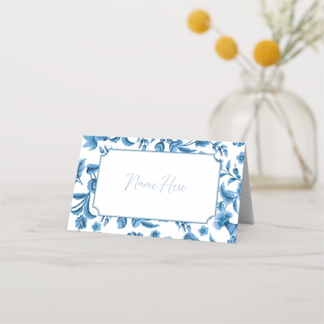 Hochzeitskarten Names Chintz Blue White Floral Platzkarte (Vorderseite)