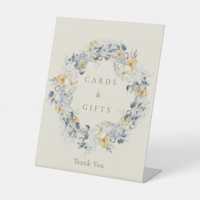 Hochzeitskarten und Geschenke für blaugelbe Blumen Sockelschild (Vorderseite)
