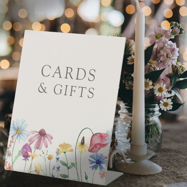 Hochzeitskarten und Geschenke für Wildblumen Sockelschild (Wildflower Wedding Cards & Gifts Sign with pretty border of wild flowers)