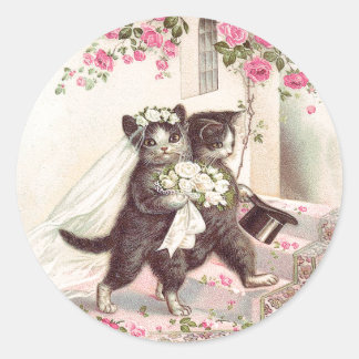 Hochzeitskatzen Braut und Bräutigam im Vintage-Sti Runder Aufkleber