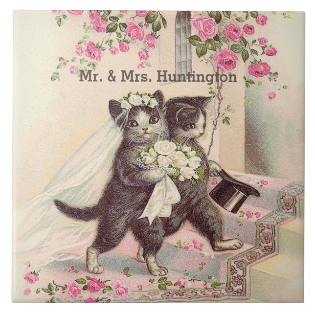 Hochzeitskatzen mit individualisierbarem Namen Fliese (Vorderseite)