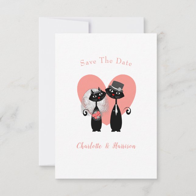 Hochzeitskatzen Schwarz-weiß Korallen Niedlich Save The Date (Rückseite)