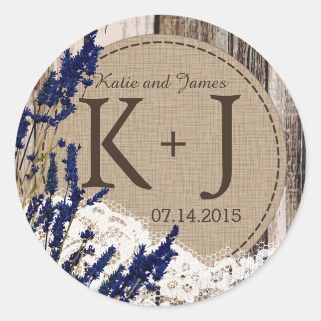 Hochzeitskennzeichen für holzlavenderne Spitzen-Ru Runder Aufkleber (Vorderseite)