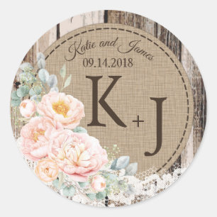 Hochzeitskennzeichen für Holzpeony Lace Rustic Mon Runder Aufkleber