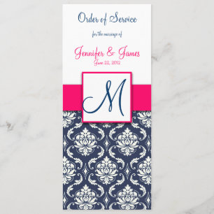 Hochzeitskirchenprogramm Hot Pink Navy Blue Damask Programm