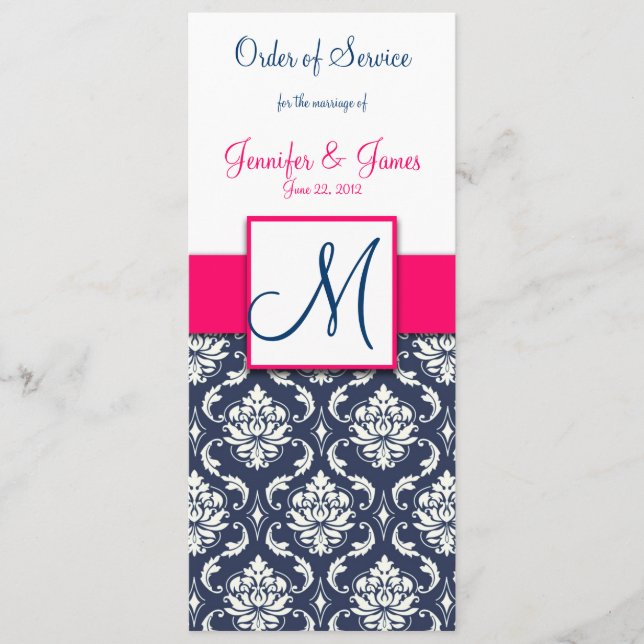 Hochzeitskirchenprogramm Hot Pink Navy Blue Damask Programm (Vorderseite)