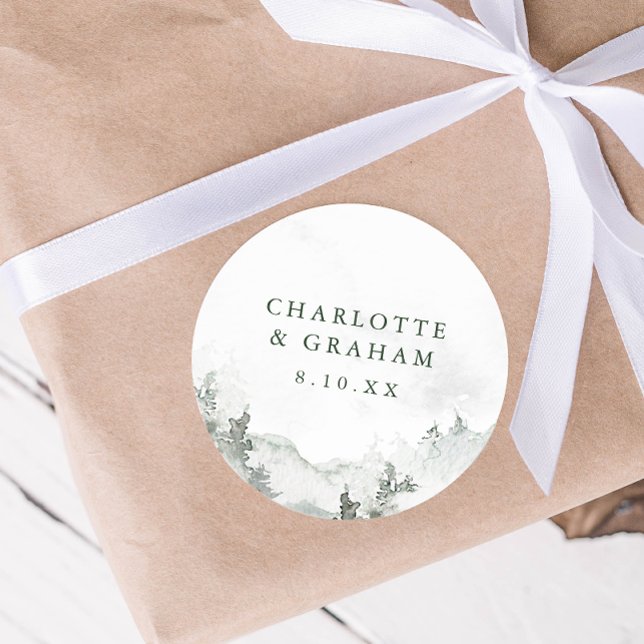 Hochzeitskleber für Wasserfarbenwälder Runder Aufkleber (Green and White Simple Minimalist Watercolor Forest Wedding Sticker
)