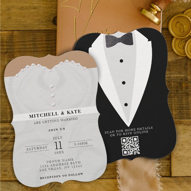 Hochzeitskleid Anzug & Bowtie QR-Code Einladung (Von Creator hochgeladen)