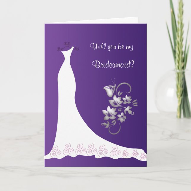 Hochzeitskleid Blumenschmetterling lila Bridesmaid Einladung (Vorderseite)