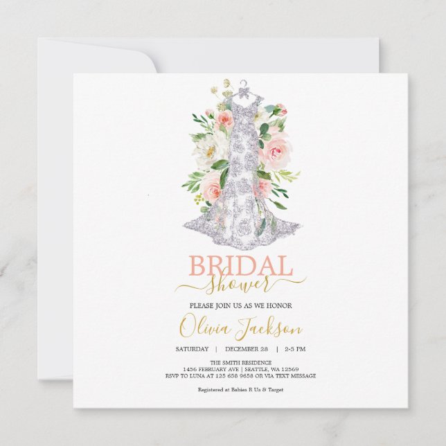 Hochzeitskleid Brautdusche Einladung (Vorderseite)