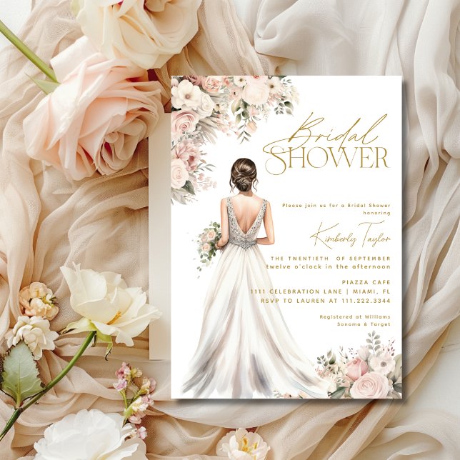 Hochzeitskleid Brünettes florales Brautparty Gown Einladung (Wedding Dress Gown Brunette Floral Bridal Shower Invitation)
