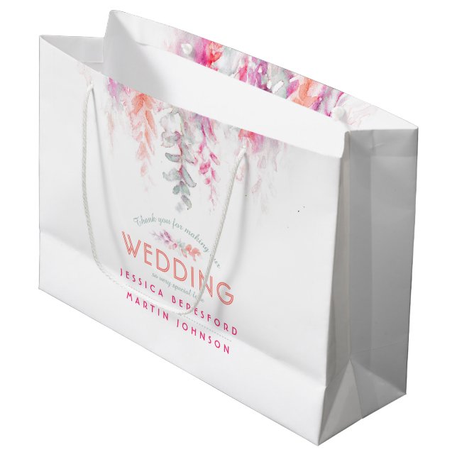 Hochzeitskorallenorange Rosa Blume Danke Große Geschenktüte (Vorderseite Schrägansicht)