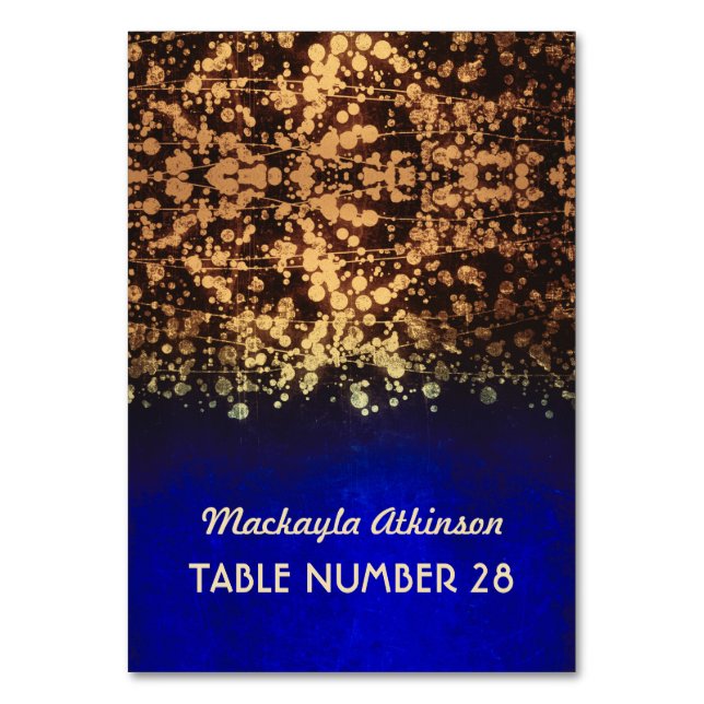 Hochzeitskorb-Karten Streichellichter Gold und Bla Tischnummer (Vorderseite)