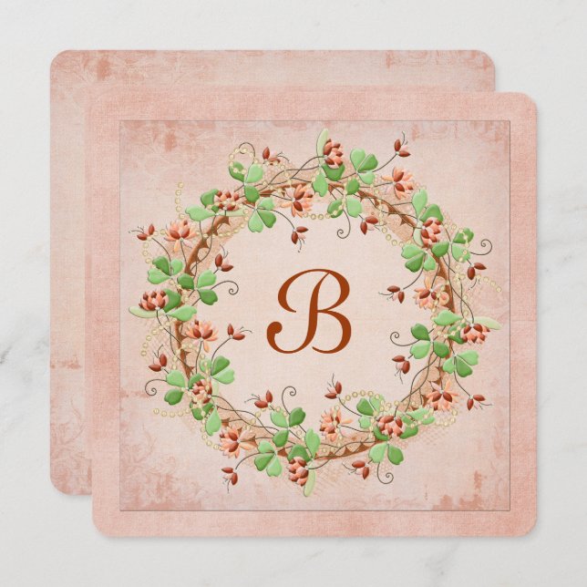 Hochzeitskranz mit Monogramm Einladung (Vorne/Hinten)