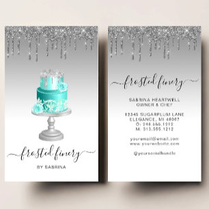 Hochzeitskuchen Glitter-Drip Silber Türkis Bäckere Visitenkarte