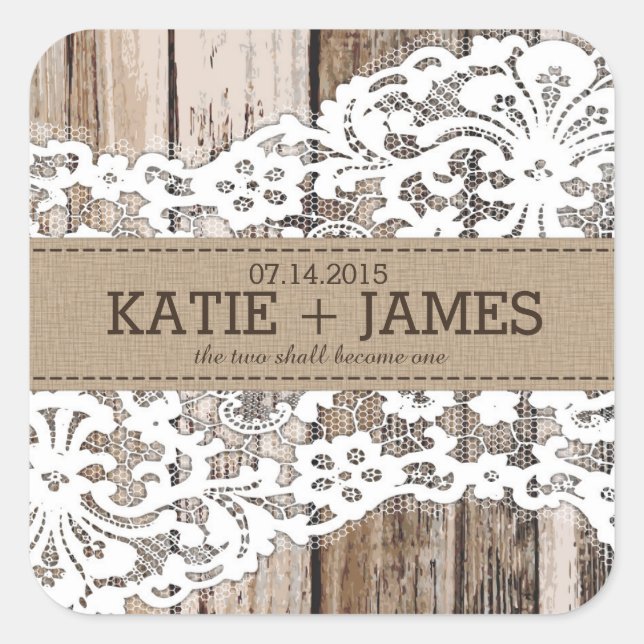 Hochzeitslabel Holz und Spitzen Rustikales Land Quadratischer Aufkleber (Vorderseite)