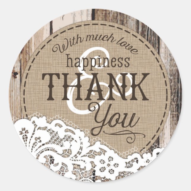 Hochzeitslabel Holz und Spitzen Rustikales Land Runder Aufkleber (Vorderseite)