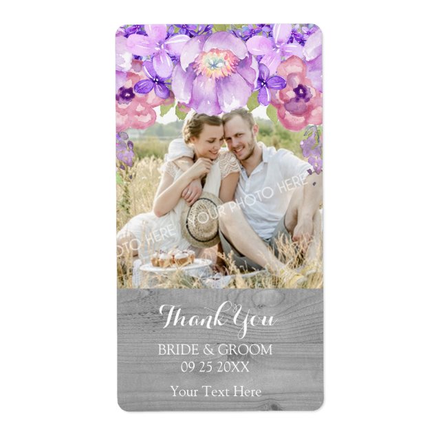 Hochzeitslabel "Wood Grey Lilac Lila Floral Foto" (Vorne)