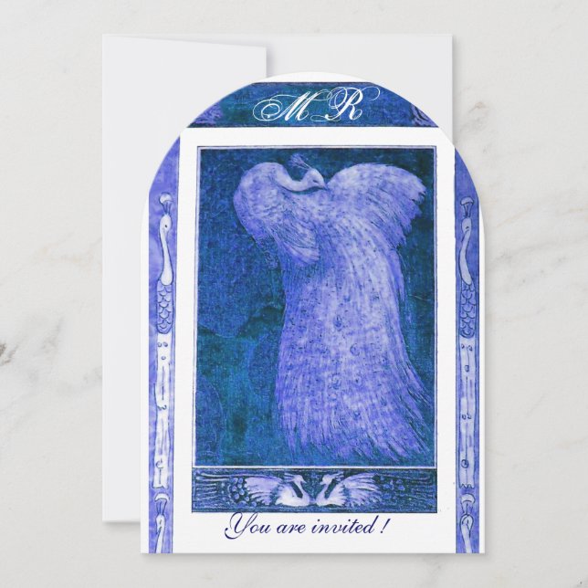 Hochzeitsliebe Pfau Monogramm Blau Weiß Einladung (Vorderseite)