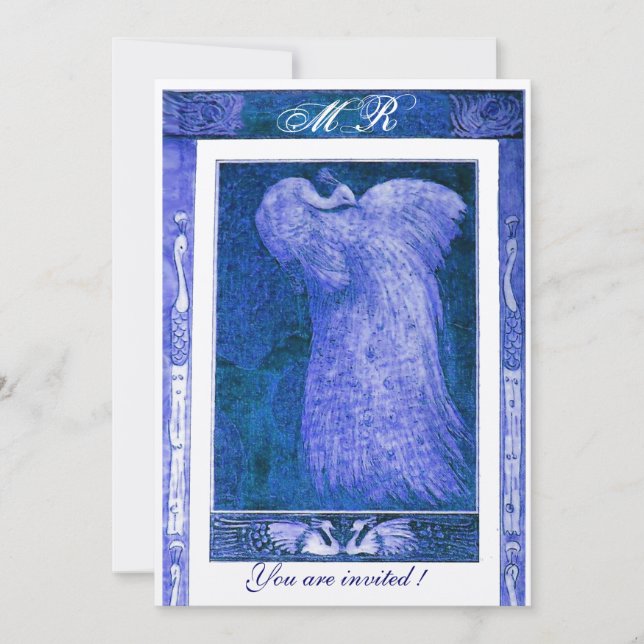 Hochzeitsliebe Pfau Monogramm ,blauer Champagner Einladung (Vorderseite)